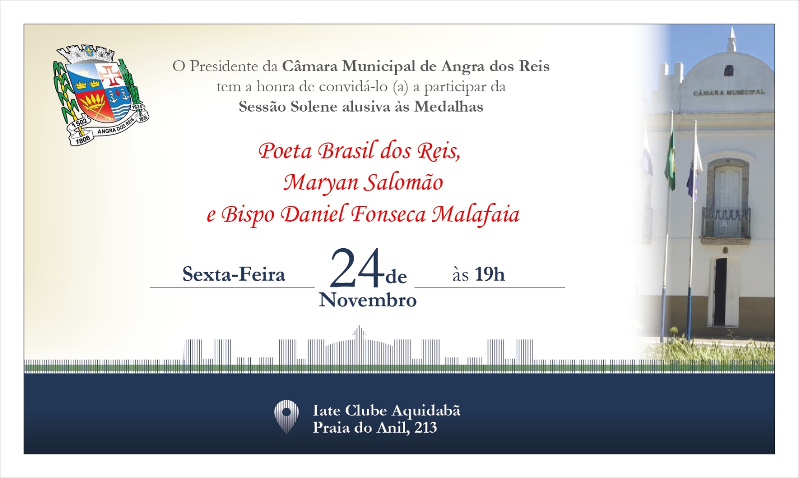 Câmara realizará Sessão Solene Alusiva às Medalhas Poeta Brasil dos Reis, Maryan Salomão e Bispo Daniel Fonseca Malafaia